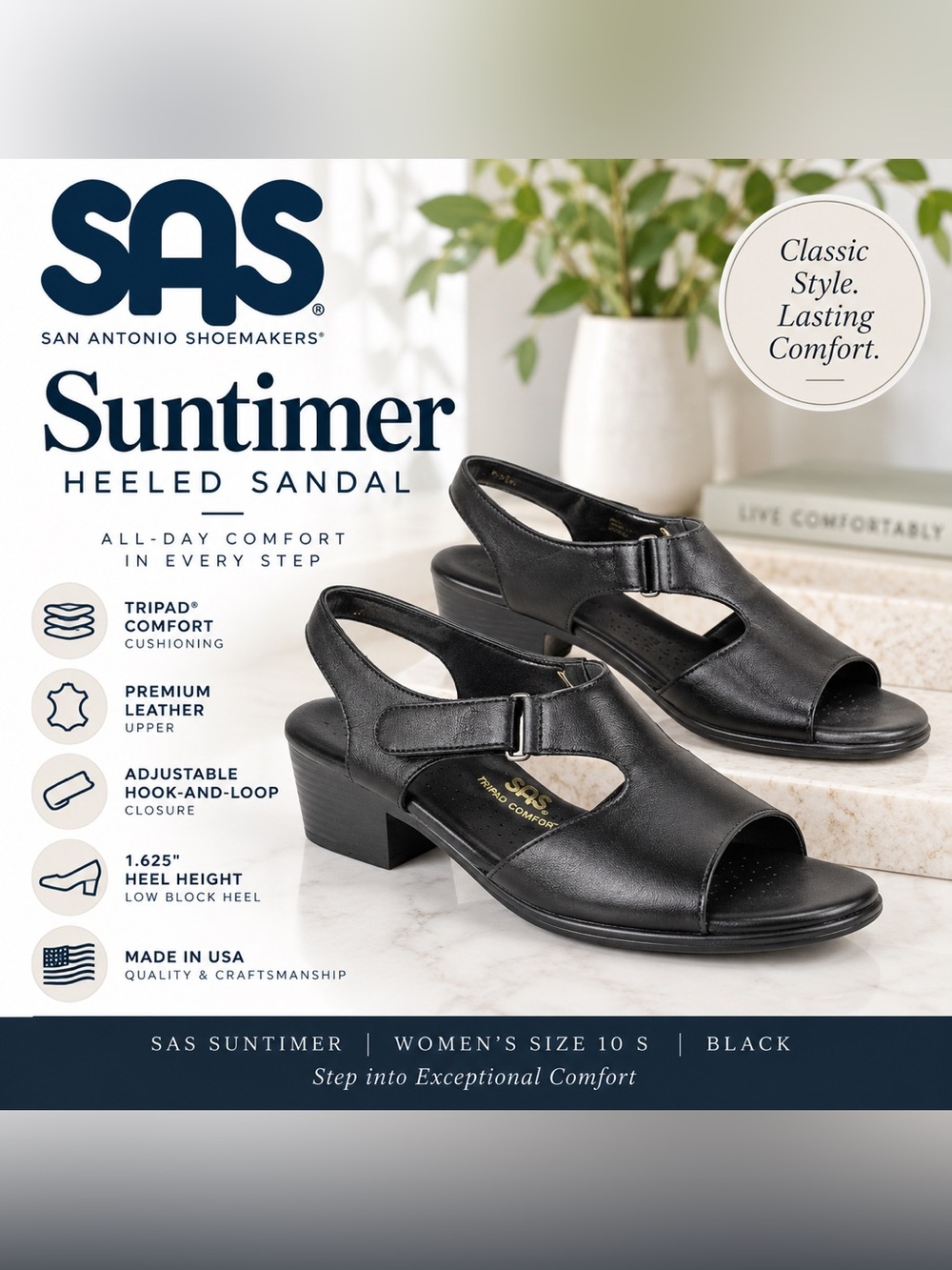 SAS Suntimer Sandals Womens 10 S Black Leather Tripad Comfort Heels